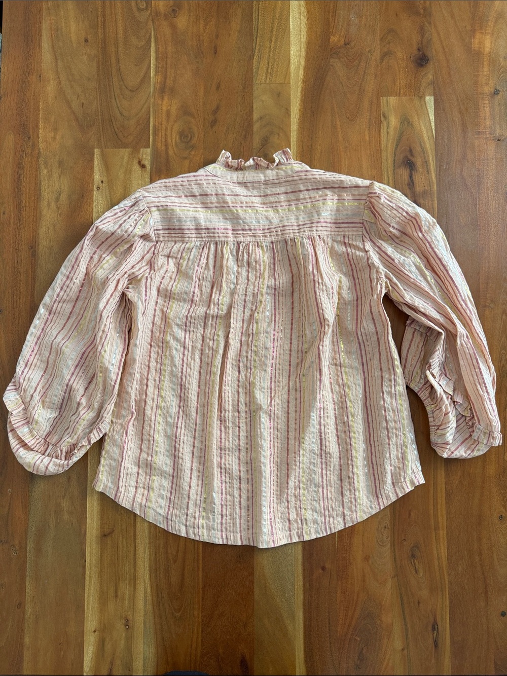 Light Pink Striped Ruffle Neck Blouse - Picture 7 of 14